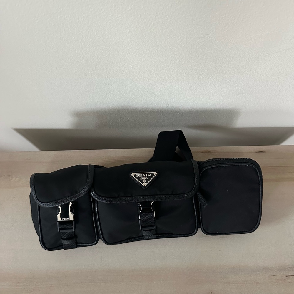 PRADA Tessuto Nylon Saffiano Marsupio Triple Pocket Belt Bag in Black